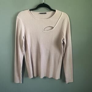 Adrianna Papell Neutral Chic Beige Ribbed Cut-Out Knit Sweater, Size Large